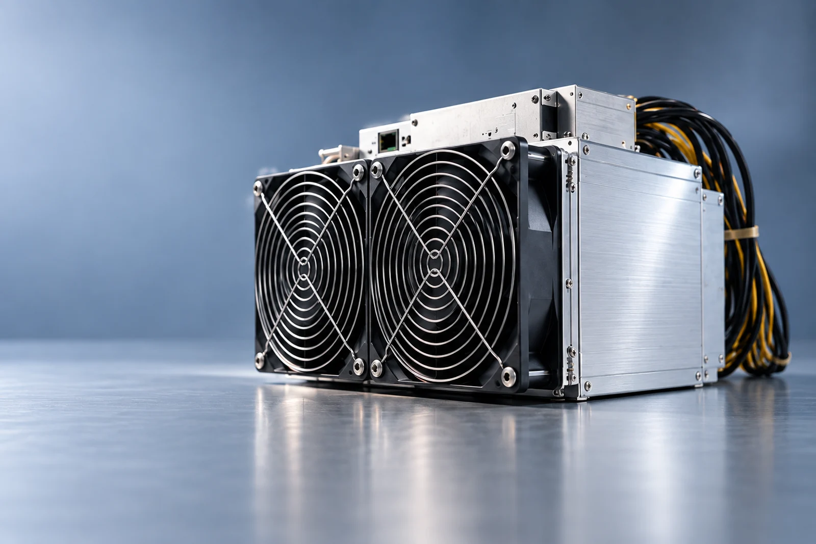 Detail of the metal enclosure and cooling fans of mining hardware